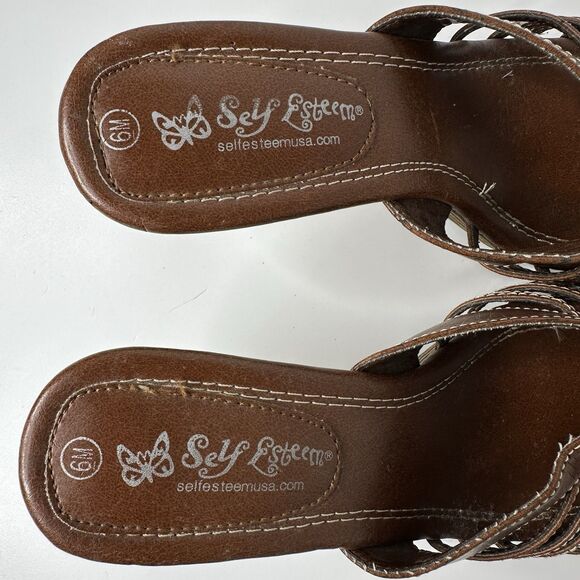 Y2K Self Esteem Nina Heeled Sandals Womens Sz 6 Brown Strappy Faux Leather 2.5" - Picture 7 of 11